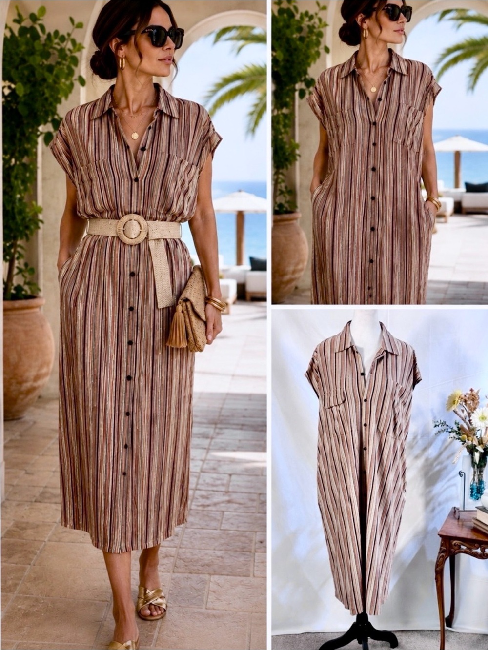 💥Momoni Colorado Shimmer Stripe Lurex Stretch Button Front Shirt Dress~40/8🧡